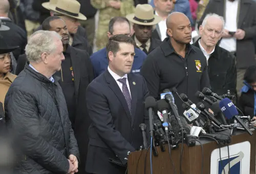From left, Sen. Chris Van Hollen (D-Md.), Bill DelBagno, FBI special agent in charge of the Baltimore field office, Maryland Gov. Wes Moore and Paul J. Wiedefeld, Maryland's transportation secretary, hold a news conference near the scene where a container ship collided with a support on the Francis Scott Key Bridge | Photo- AP