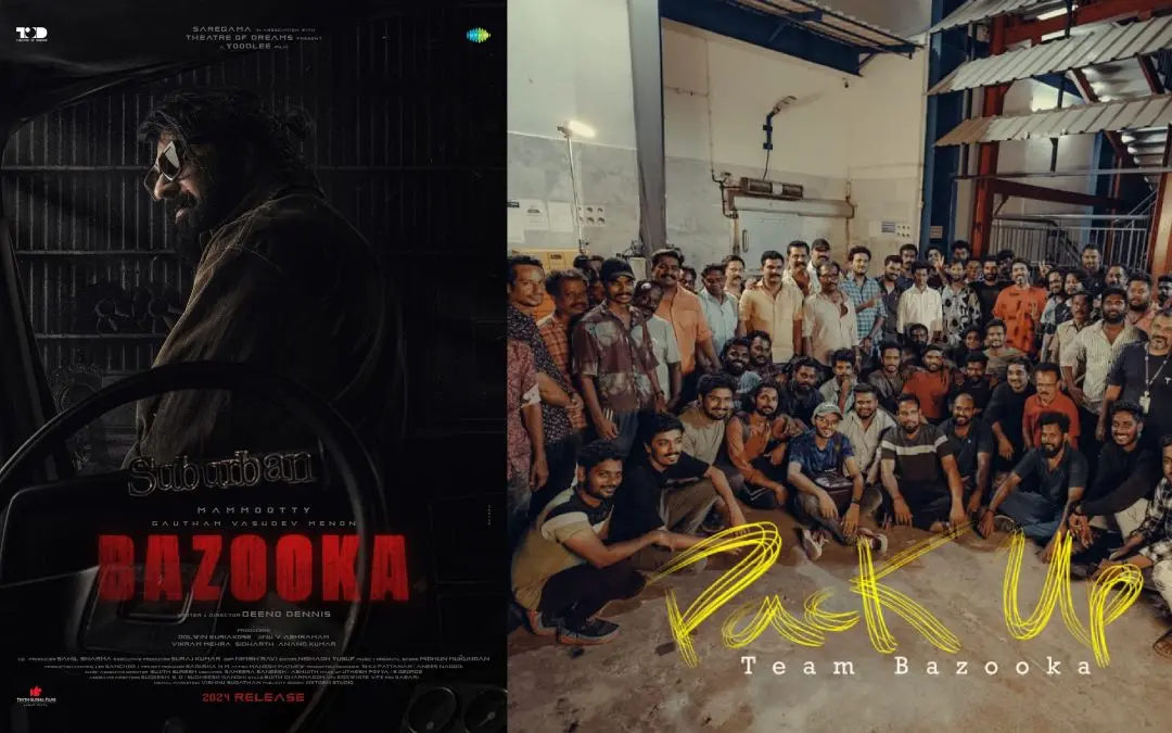 Movie poster of Mammootty starring 'Bazooka', pack up photo | Photo- www.facebook.com/BazookaMovie