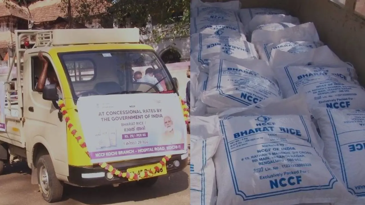 Vehicles plying in Thrissur carrying 'Bharat Rice'. (Photo: MBI)