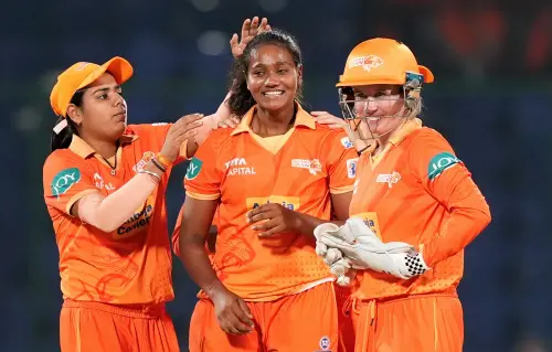 Gujarat Giants bowler Shabnam Shakil celebrates the wicket of UP Warriorz batter Shweta Sehrawat during the Women's Premier League (WPL) 2024 cricket match between Gujarat Giants and UP Warriorz, at Arun Jaitley Stadium, in New Delhi. (Photo: PTI)