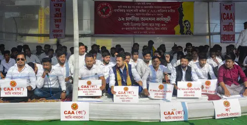 All Assam Students' Union (AASU) General Secretary Sankor Jyoti Baruah along with other 30 tribal organisations' leaders take part in a protest against Citizenship Amendment Act (CAA), in Dibrugarh, on Sunday. (PTI Photo)
