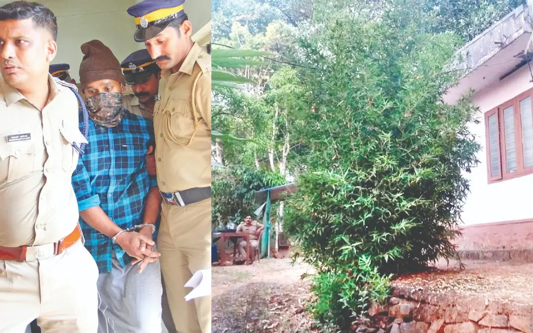 Police guarding Vishnu's house in Kanchiyar (R) and Nitheesh in custody (L).