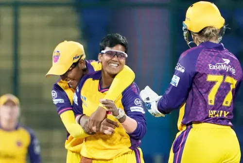 UP Warriorz bowler Deepti Sharma celebrates with teammates the wicket of Delhi Capitals' batter Arundhati Reddy during the Women's Premier League (WPL) 2024 cricket match between Delhi Capitals and UP Warriorz, at Arun Jaitley Stadium in New Delhi. (Photo: PTI)