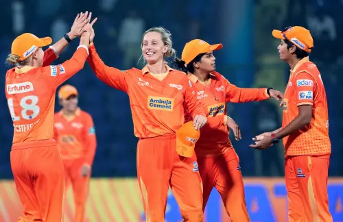 ujarat Giants' Ashleigh Gardner celebrates with teammates after winning the Women's Premier League (WPL) 2024 cricket match between Royal Challengers Bangalore and Gujarat Giants, at Arun Jaitley Stadium in New Delhi. (Photo: PTI)
