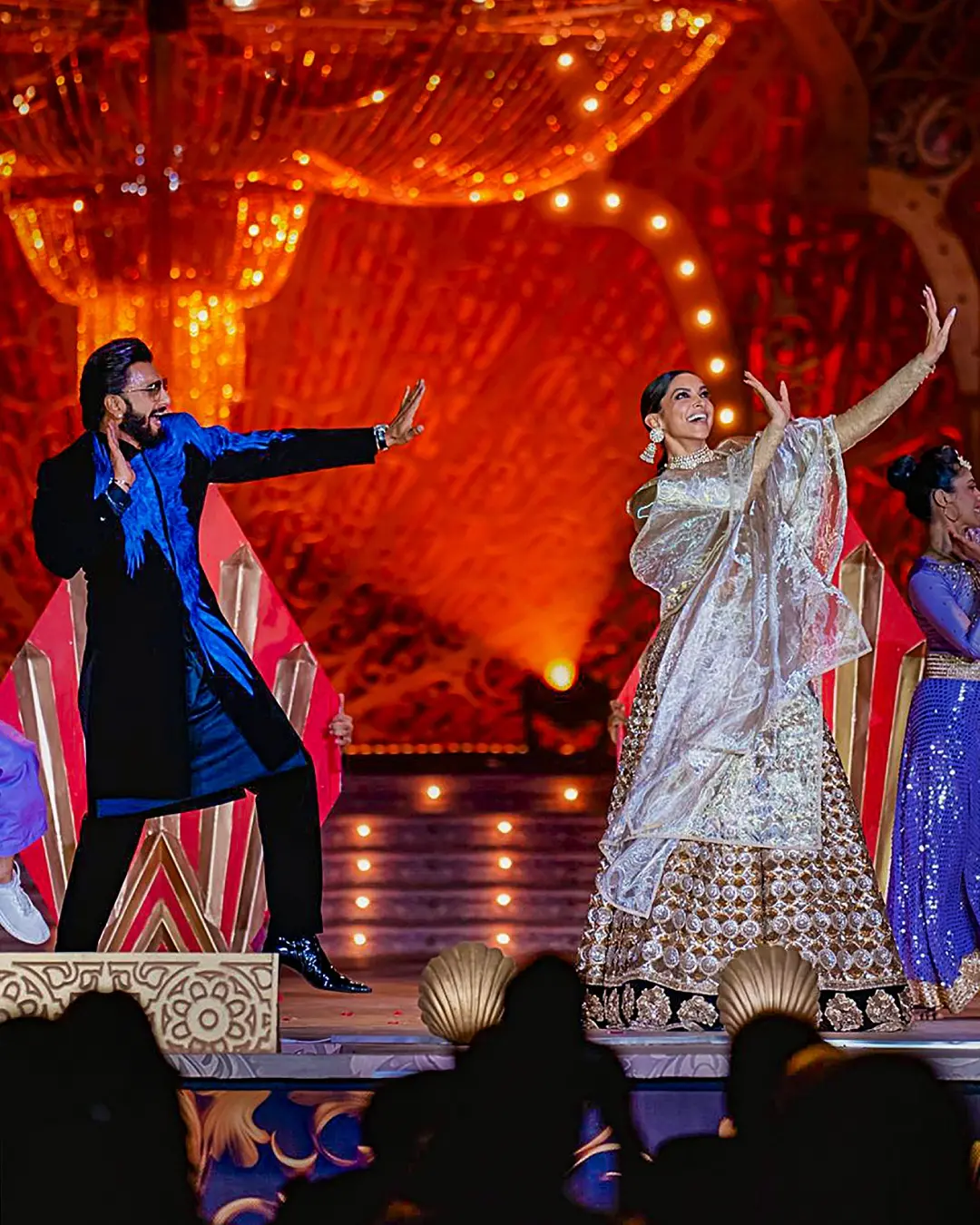 Ranveer Singh and Deepika Padukone dancing on the hook step of Gallan Goodiyaan at Anant Ambani-Radhika Merchant Pre-Wedding Celebrations | Photo: PTI