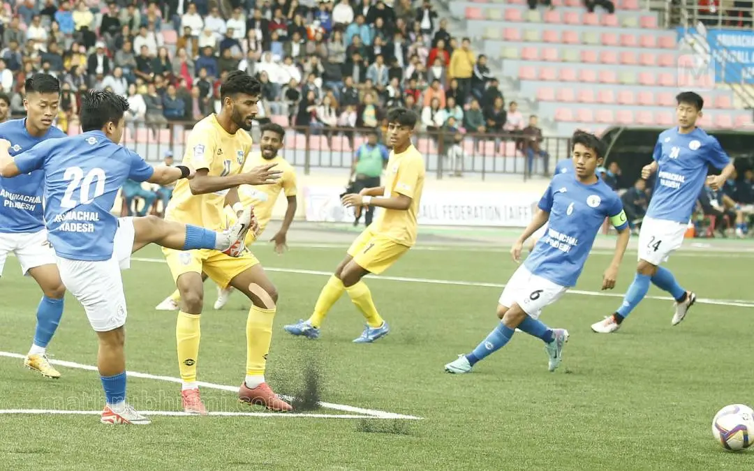 Arunachal Pradesh player clears ball during the match against Kerala | Photo: P Krishnaprasad | Mathrubhumi