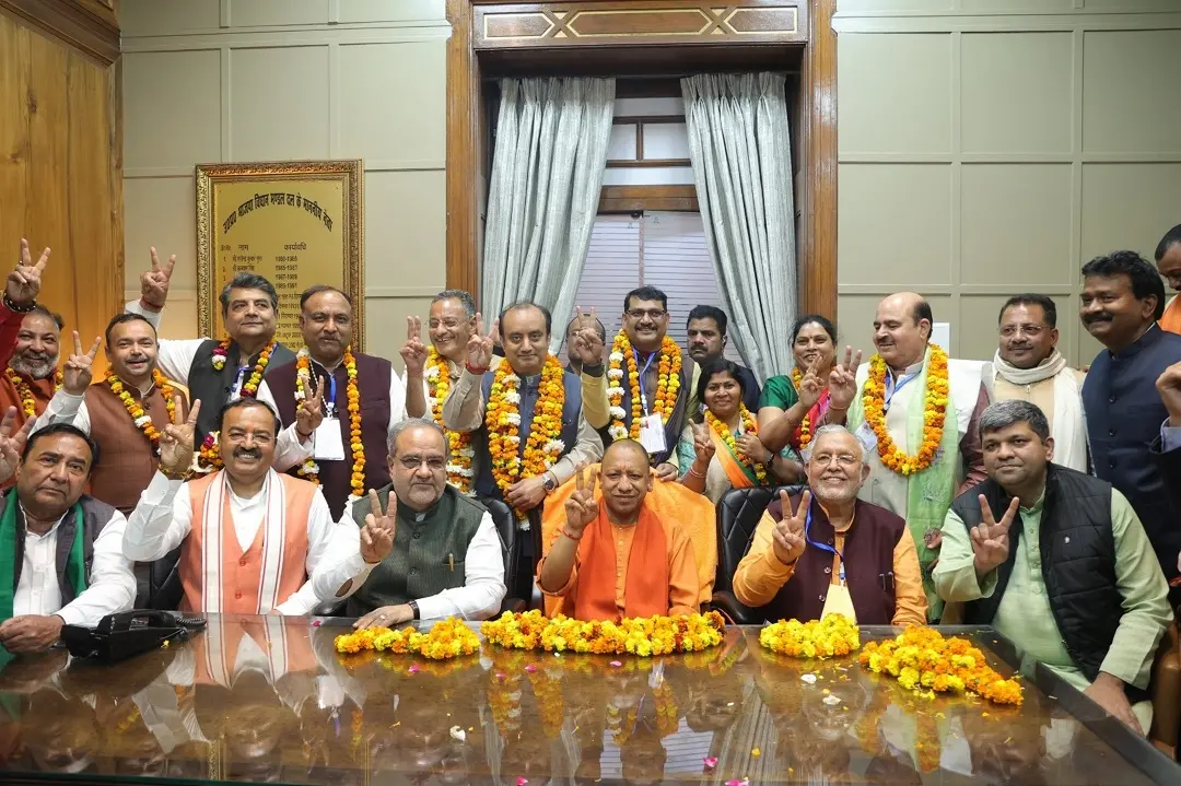 Uttar Pradesh Chief Minister Yogi Adityanath, Deputy Chief Minister Keshav Prasad Maurya and other leaders with the BJP candidates who have been elected as Rajya Sabha MPs in the recently-held polls | Photo: PTI