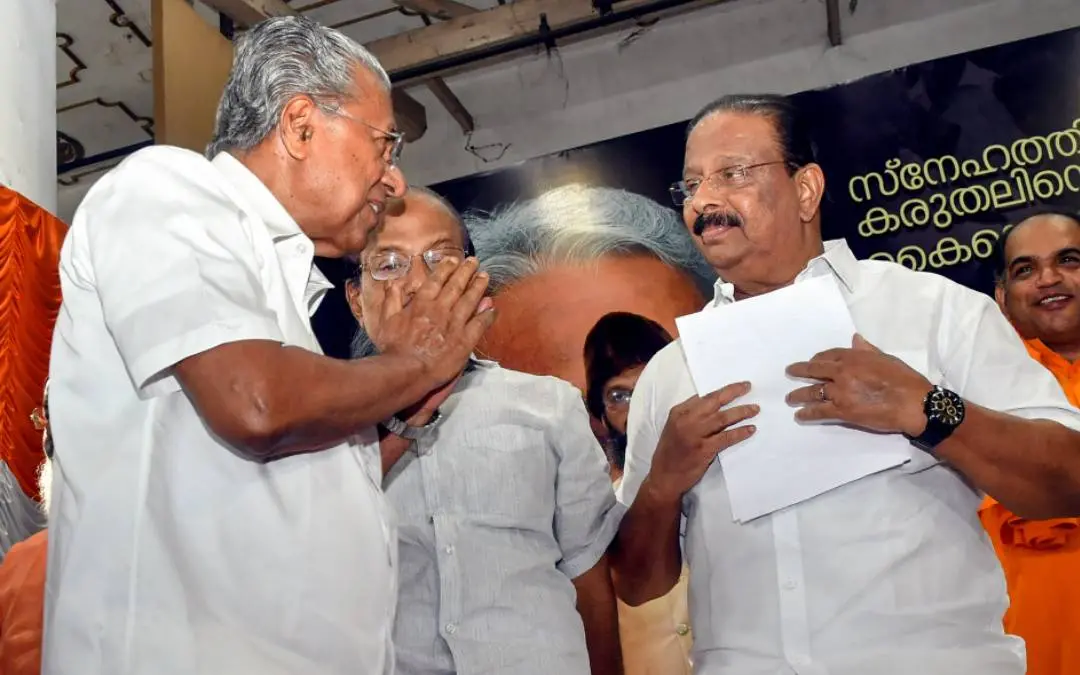 From (R) K Sudhakaran and Pinarayi Vijayan. (PK Kunhalikutty in the background I Photo: PTI)
