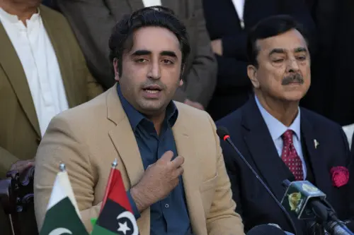 Bilawal-Bhutto Zardari, left, Chairman of Pakistan People's Party speaks during a press conference regarding parliamentary elections, in Islamabad, Pakistan on Tuesday. (Photo: AP/PTI)