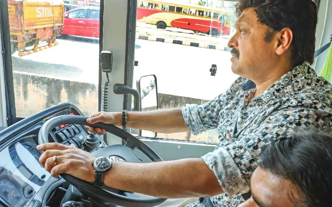 Minister KB Ganesh Kumar driving an e-bus. (File Photo)