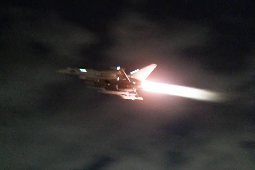 RAF Typhoon aircraft takes off to conduct further strikes against Houthi military targets in Yemen, from RAF Akrotiri, Cyprus, Saturday, Feb. 3, 2024.