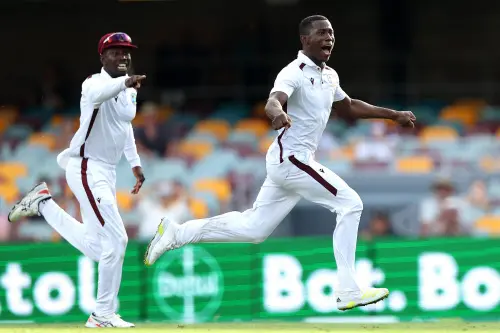 Shamar Joseph of the West Indies (R) dismisses Josh Hazlewood of Australia, sealing a win for the West Indies during day four of the second cricket Test match between Australia and West Indies at the Gabba in Brisbane. (Photo: AFP)