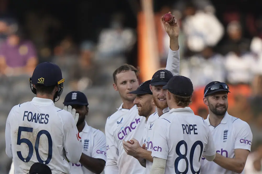 Tom Hartley raises the ball as he celebrates his five-wicket haul | AP