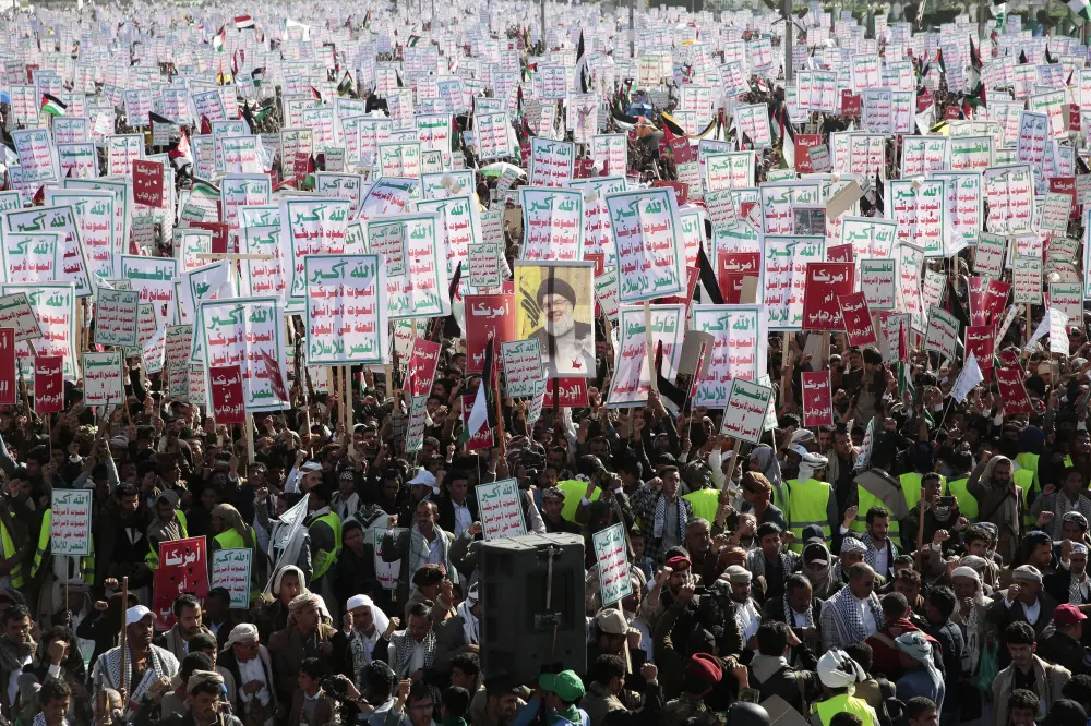 Houthi supporters attend a rally in support of the Palestinians in the Gaza Strip and against the U.S.-led airstrikes on Yemen|AP