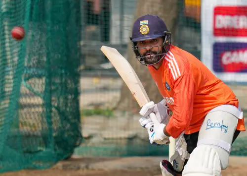 India's captain Rohit Sharma during a practice session ahead of the first test cricket match between India and England, at Rajiv Gandhi International Cricket Stadium in Hyderabad, on Tuesday. I Photo: PTI