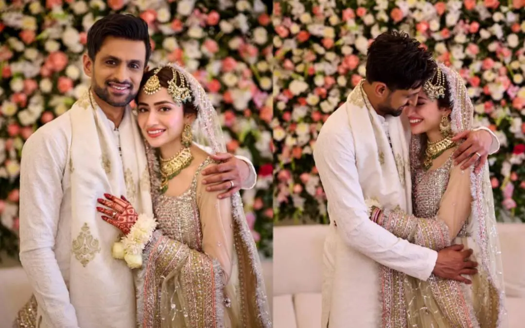 Shoaib Malik poses with Sana Javed. Photo: X