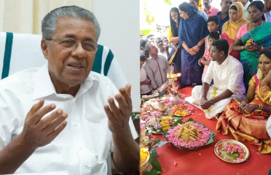 Pinarayi Vijayan (left) and bride Anju and groom Sarath