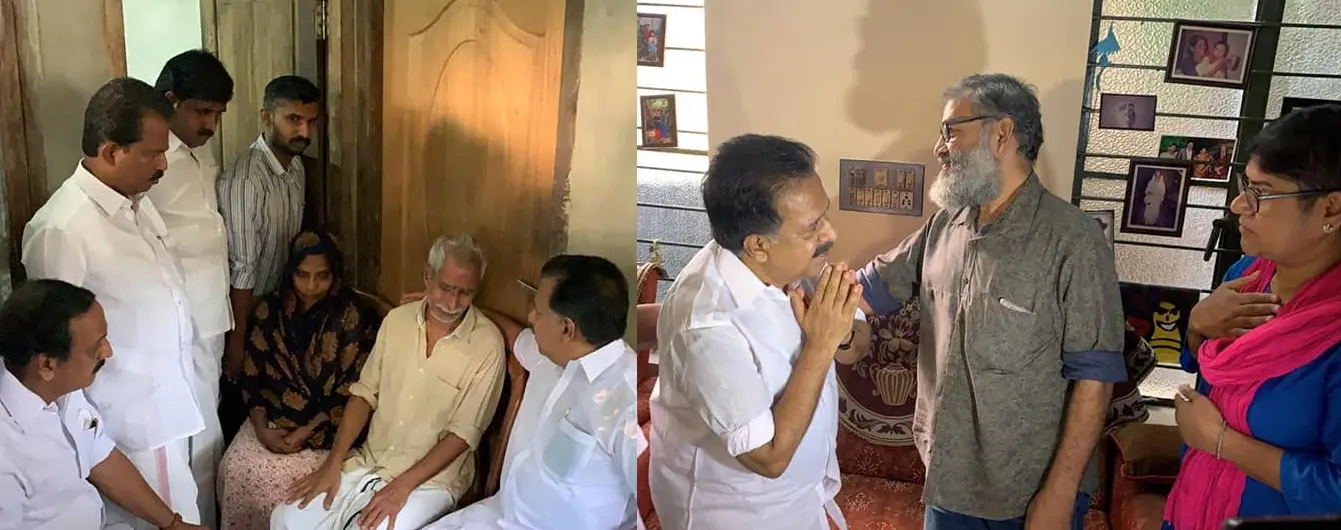 Ramesh Chennithala visiting the house of Alan Shuhaib and Thaha Fazal (Photo: Facebook)