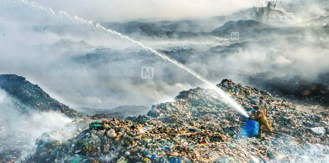 Firefighters dousing fire at Brahmapuram plant | Photo: Mathrubhumi