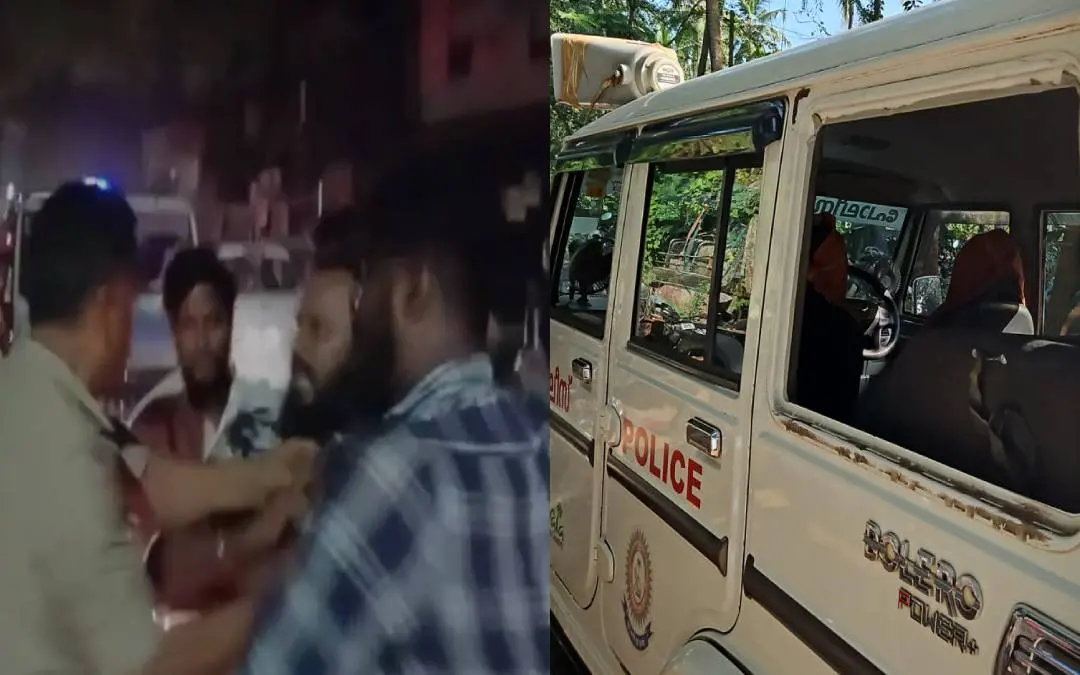 From (R) Broken glass of the police jeep; youngsters being taken into custody.