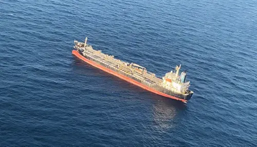 New Delhi, Dec 23 (ANI): A visual of the MV Chem Pluto taken by the Indian Coast Guard's Dornier maritime surveillance aircraft in the Arabian Sea after it was hit by a suspected drone which led to fire on it, on Saturday. (ANI Photo)