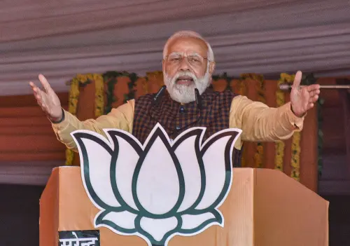 Prime Minister Narendra Modi addresses a public rally, ahead of the second phase of UP Assembly polls, in Kannauj, Saturday, Feb. 12, 2022. (PTI Photo)