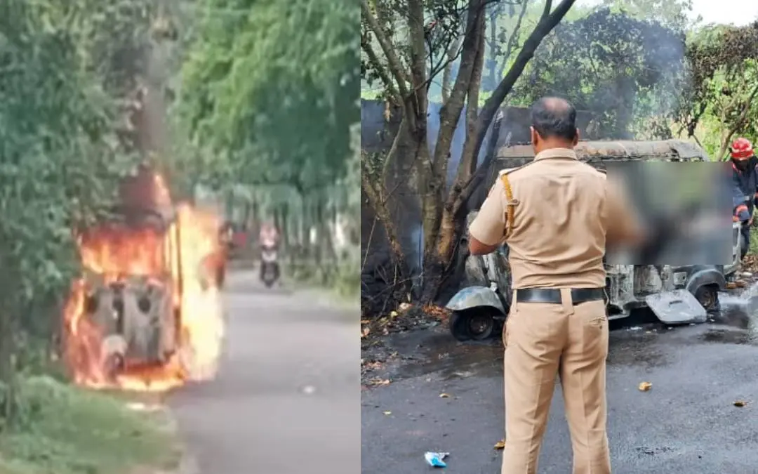 Auto rickshaw catches fire in Thrissur.