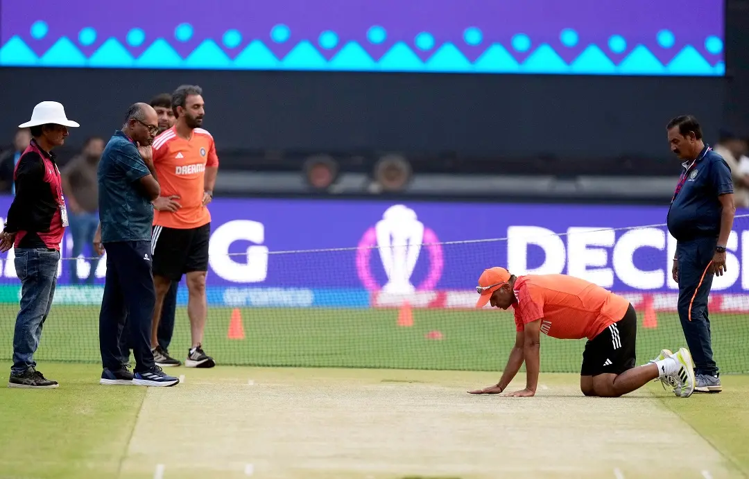 India's head coach Rahul Dravid with batting coach Vikram Rathour, Chief Pitch Curator Ashish Bhowmick and Senior curator Taposh Chatterjee inspects the pitch during a practice session ahead of the ICC Men's Cricket World Cup 2023's final match between India and Australia, at the Narendra Modi Stadium | File  photo: PTI