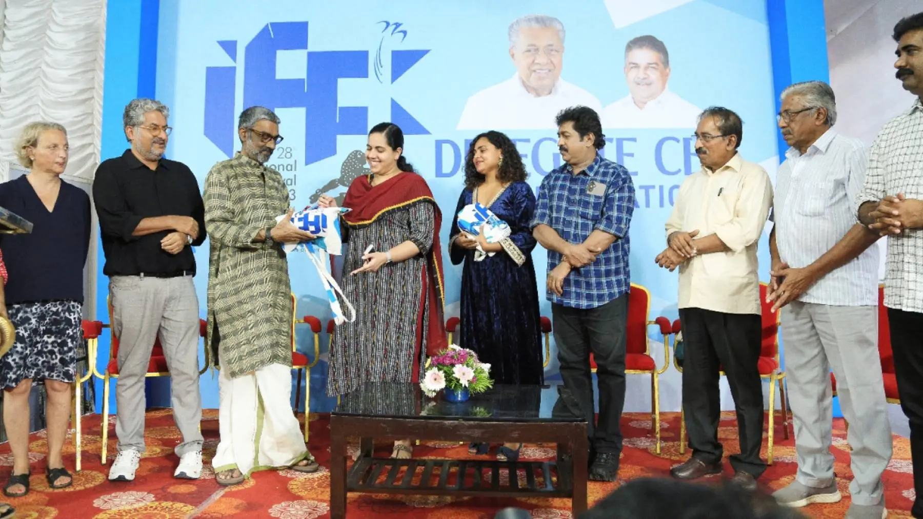 Kerala State Chalachitra Academy Chairman Ranjith handing over IFFK delegate kit to Thiruvananthapuram Mayor Arya Rajendran. Photo: Arranged