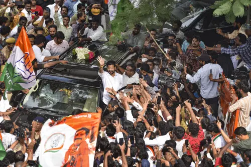 Hyderabad: Congress Telangana President A Revanth Reddy greets party workers and supporters celebrating the party's lead during counting of votes for Telangana Assembly elections, in Hyderabad, Sunday, Dec. 3, 2023. (PTI Photo)
