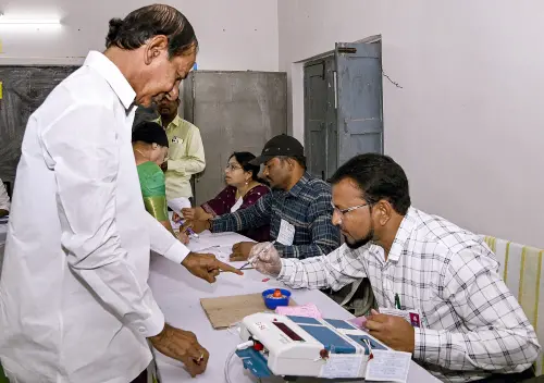Siddipet: Telangana Chief Minister and BRS president K. Chandrashekhar Rao gets his finger marked with indelible ink after casting his vote for the State Assembly elections, at Chintamadaka in Siddipet district, Thursday, Nov. 30, 2023. Photo: PTI