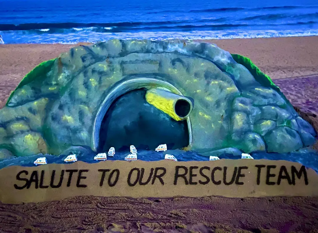 Sand artist Sudarsan Pattnaik created a sand sculpture by saluting the team for rescuing 41 workers from the Silkyara tunnel, at Puri Beach | Photo: ANI