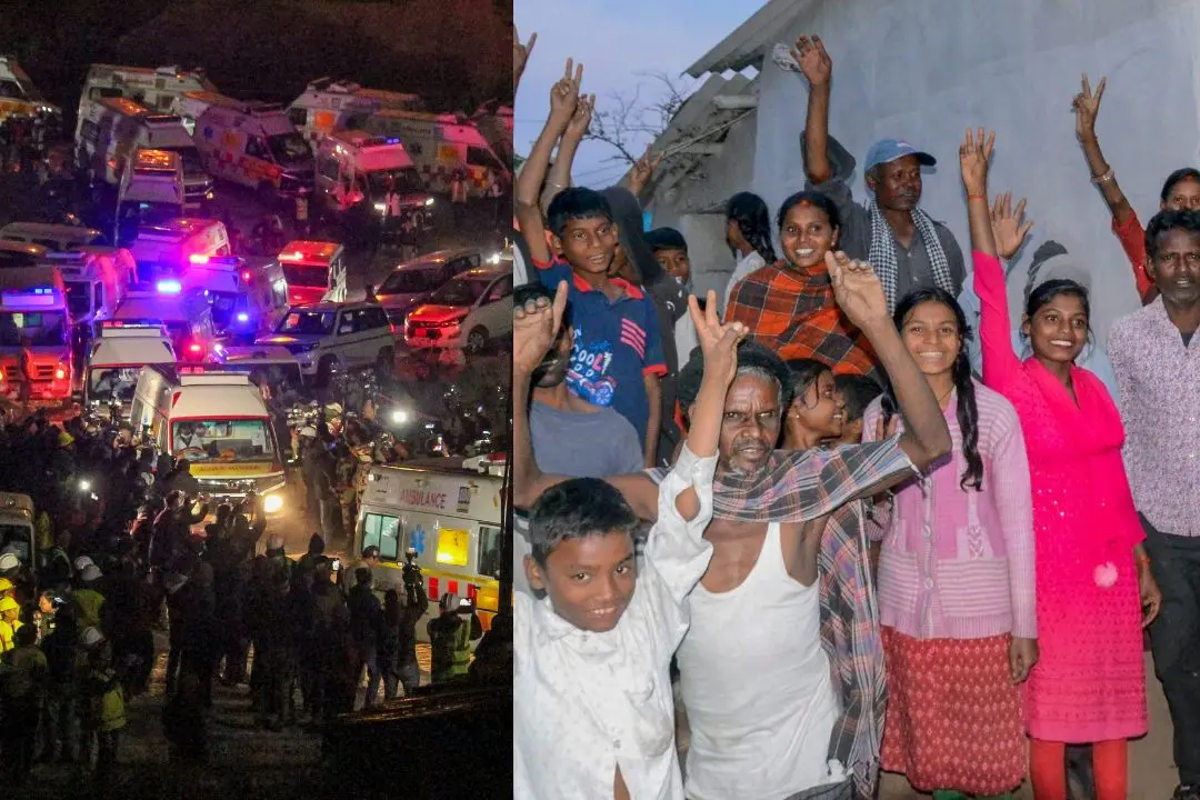Ambulances with rescued workers come out from the collapsed Silkyara Tunne-Relatives and family members of workers Sukhram Bediya, Naresh Bediya, Rajendra Bediya and Anil Bediya celebrate after their evacuation from the collapsed | Photos: PTI