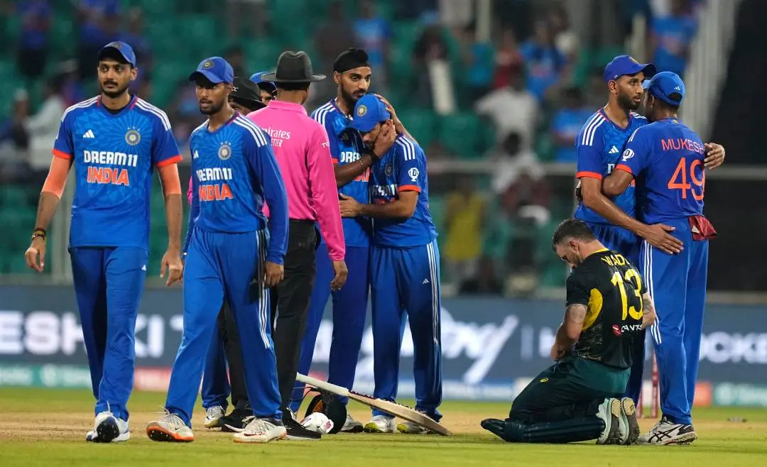 Indian players celebrate after winning the second T20 International cricket match of a T20I series against Australia