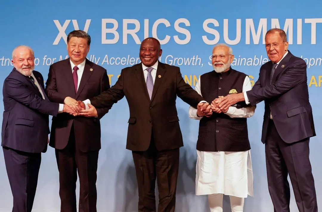 (FILES) (From L to R) President of Brazil Luiz Inacio Lula da Silva, President of China Xi Jinping, South African President Cyril Ramaphosa, Prime Minister of India Narendra Modi and Russia's Foreign Minister Sergei Lavrov