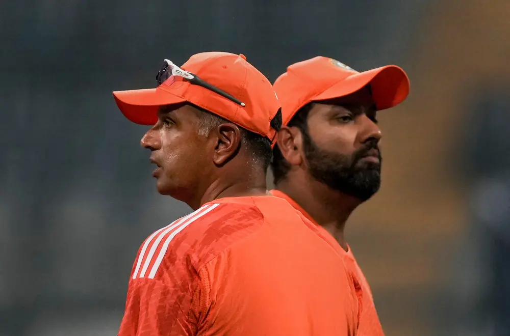 Rohit Sharma and coach Rahul Dravid during a practice session | PTI