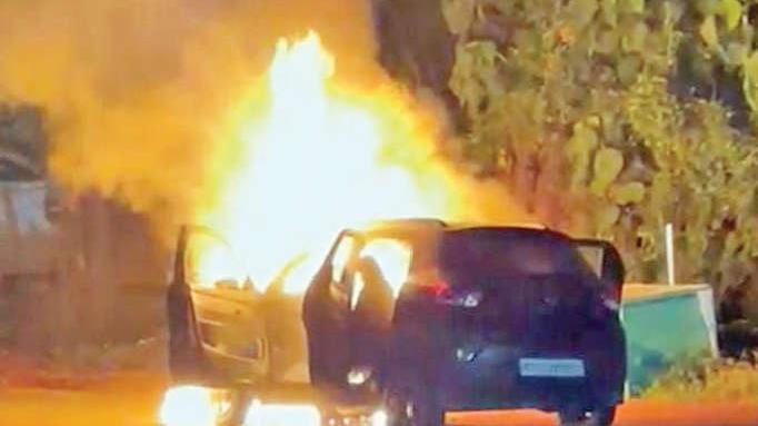 Car catches fire after colliding with bus that halted to pick up ...