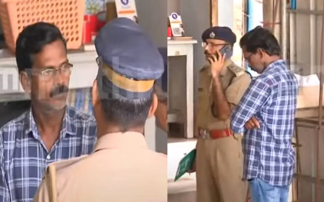 Dominic Martin at the fire cracker shop in Tripunithura along with police officials. | Screengrab: Mathrubhumi News