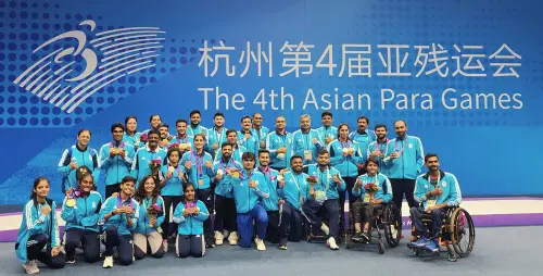 Hangzhou: Para medallists with officials pose for group photos at the 4th Asian Para Games, in Hangzhou. (PTI Photo)