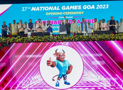 Prime Minister Narendra Modi with Union Minister for Youth Affairs & Sports Anurag Thakur, Union MoS for Youth Affairs & Sports Nisith Pramanik, Goa Chief Minister Pramod Sawant and Indian Olympic Association President P.T. Usha during the opening ceremony of the 37th National Games, at Pandit Jawaharlal Nehru Stadium in Goa, Thursday, Oct. 26, 2023 | Photo: PTI