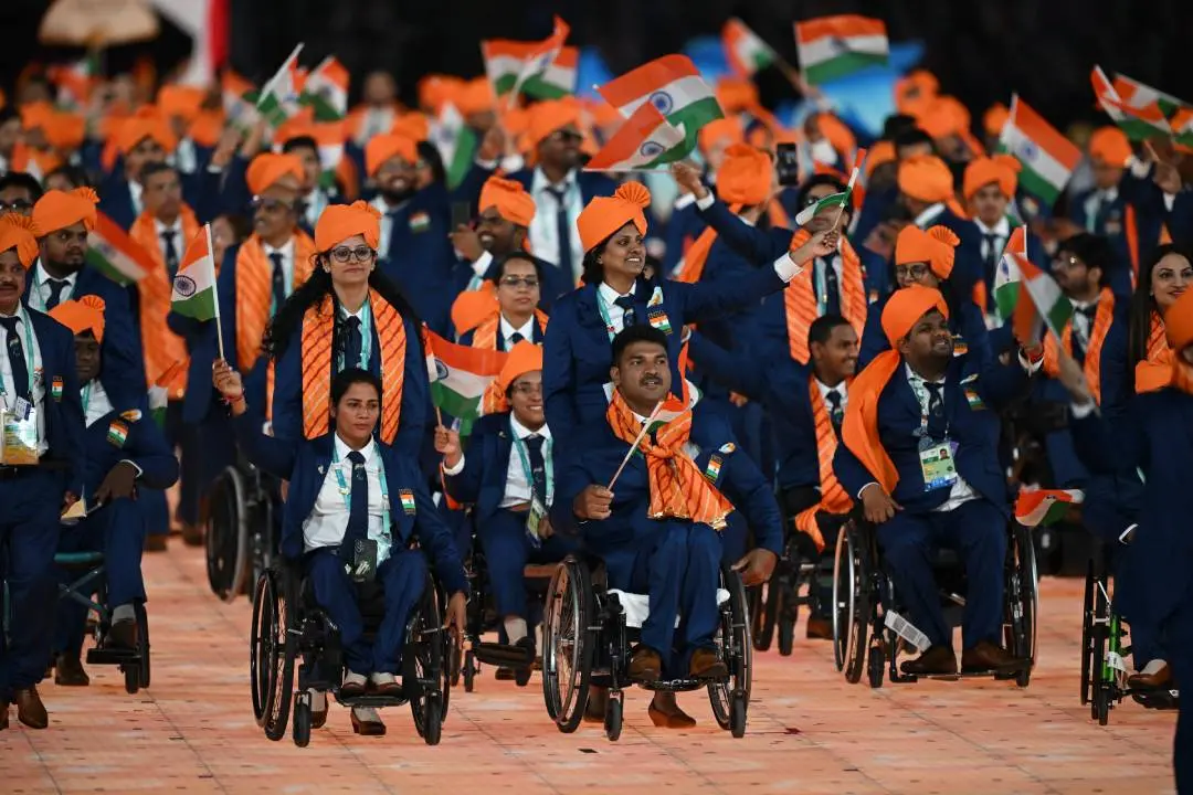 Members of Indian contingent attend the opening ceremony of the 4th Asian Para Games in Hangzhou, China
