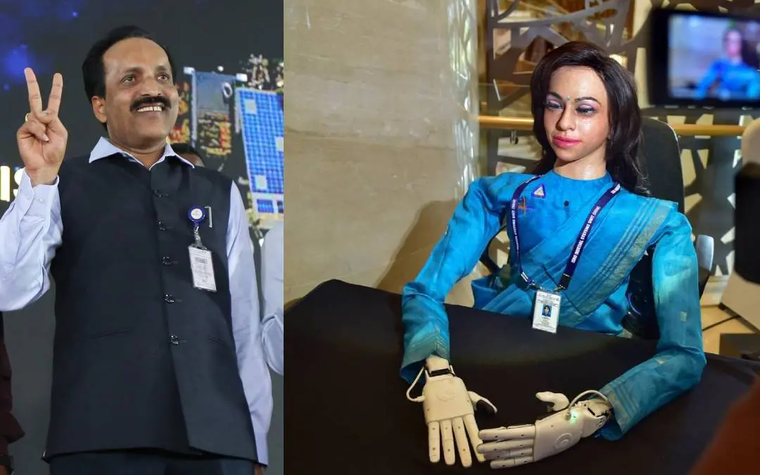 ISRO Chairman S Somanath,  Vyommitra (the prototype of the half humanoid made for the first unmanned Gaganyaan mission)
