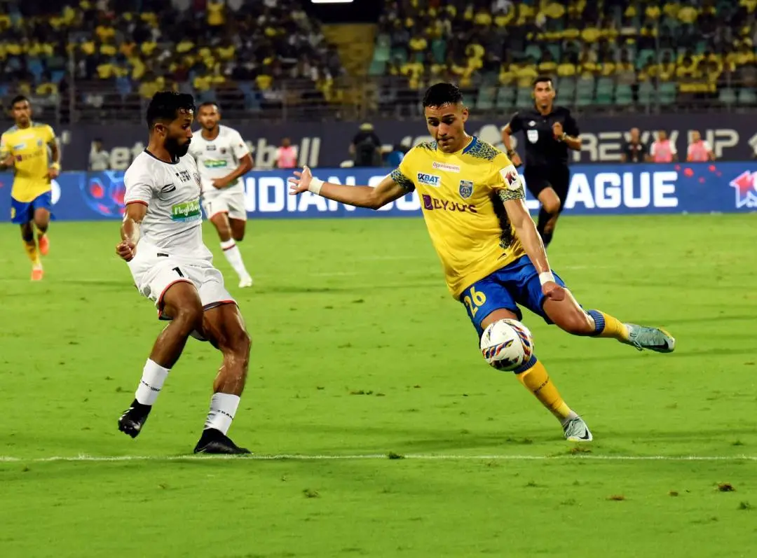 Kerala Blasters FC (yellow) and NorthEast United FC in action during the 10th season of the Indian Super League (ISL) 2023