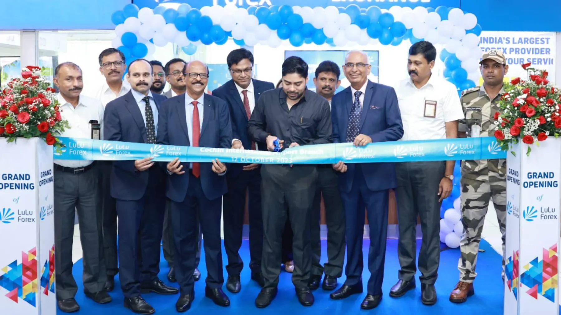Four new customer engagement centres of LuLu Forex at the Cochin airport's T3 international terminal being inaugurated by Mr. S Suhas IAS, Managing Director, CIAL, in the presence of Shibu Mohammed, Director, LuLu Forex, and other senior management of CIAL and LuLu Financial Holdings.
