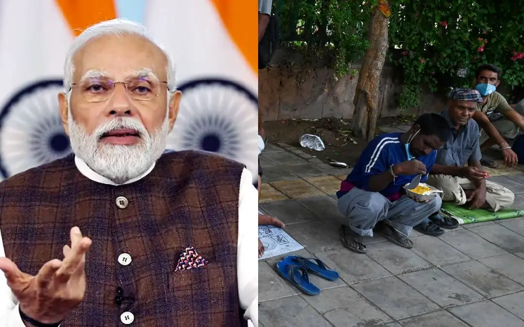 PM Narendra Modi; Homeless people eat food distributed by volunteers in New Delhi | Photos: ANI, AFP
