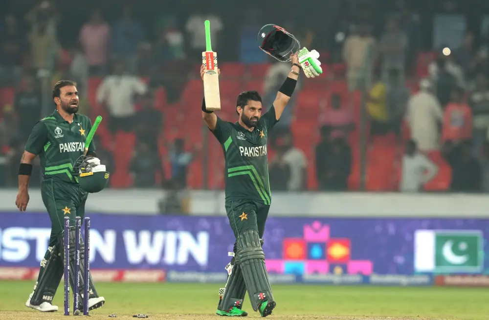 Pakistan's batters M Rizwan and Iftikhar Ahmed celebrate their win | PTI
