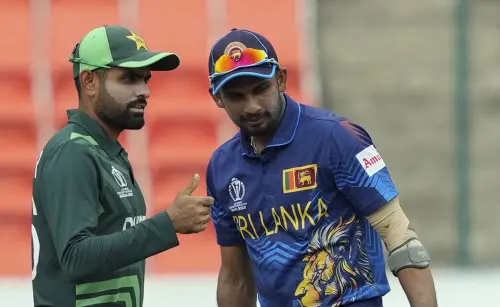 Hyderabad: Pakistans's captain Babar Azam and Sri Lanka's Dasun Shanaka at the toss during the ICC Men's Cricket World Cup match between Pakistan and Sri Lanka, at Rajiv Gandhi International Cricket Stadium, in Hyderabad, Tuesday, Oct. 10, 2023. Photo: PTI