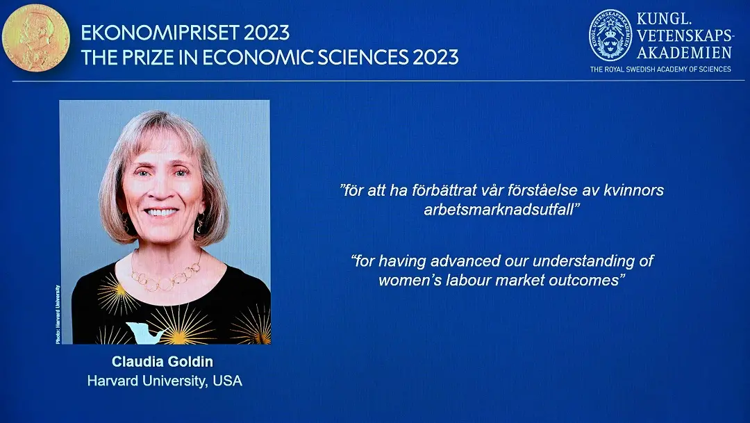 The winner of the 2023 Prize in Economic Sciences in Memory of Alfred Nobel American economist Claudia Goldin is seen on a display during a press conference at the Royal Swedish Academy of Sciences in Stockholm | Photo: AFP