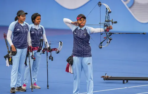 India's Jyothi Surekha Vennam, Aditi Gopichand and Parneet Kaur during the final match of team compound archery event against Chinese Taipei at the 19th Asian Games, in Hangzhou, China, Thursday, Oct. 5, 2023. Indian trio clinched the gold | Photo: PTI