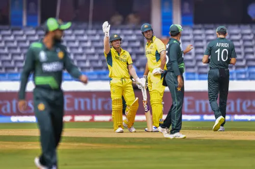 Australia's batters David Warner and Mitchell Marsh during the ICC Men's Cricket World Cup 2023 warm-up match between Australia and Pakistan, at Rajiv Gandhi International Cricket Stadium in Hyderabad, Tuesday, Oct. 3, 2023. (PTI Photo)